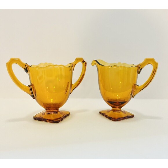 Vintage Diamond Glass Company Amber Footed Sugar & Creamer Collectible Set - Picture 1 of 5